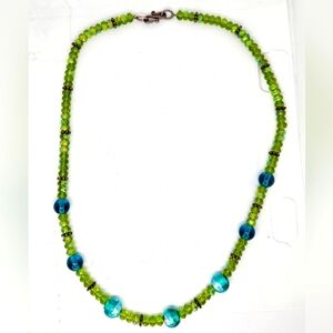 Vintage Murano Venetian Peridot Green Teal Blue Colorful Glass Bead Necklace